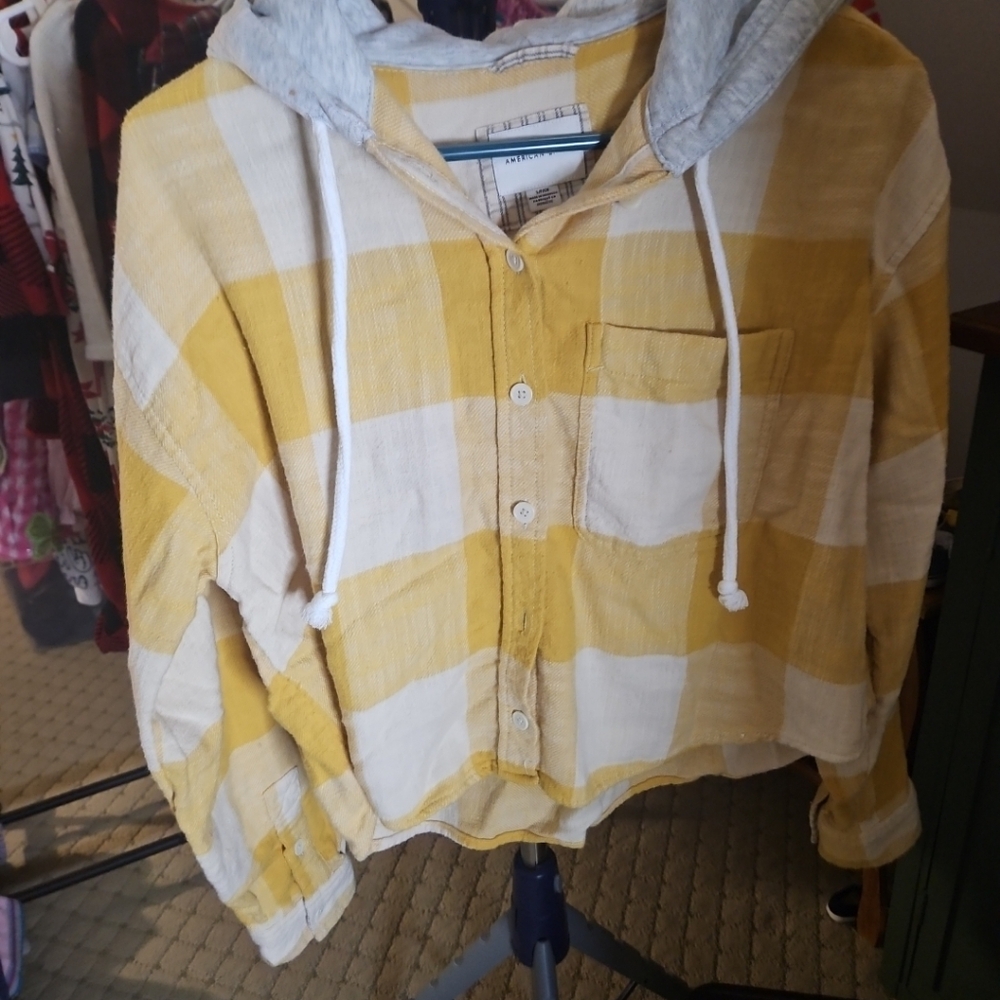 American Eagle Outfitters Yellow Plaid Shirt with Gray Hood